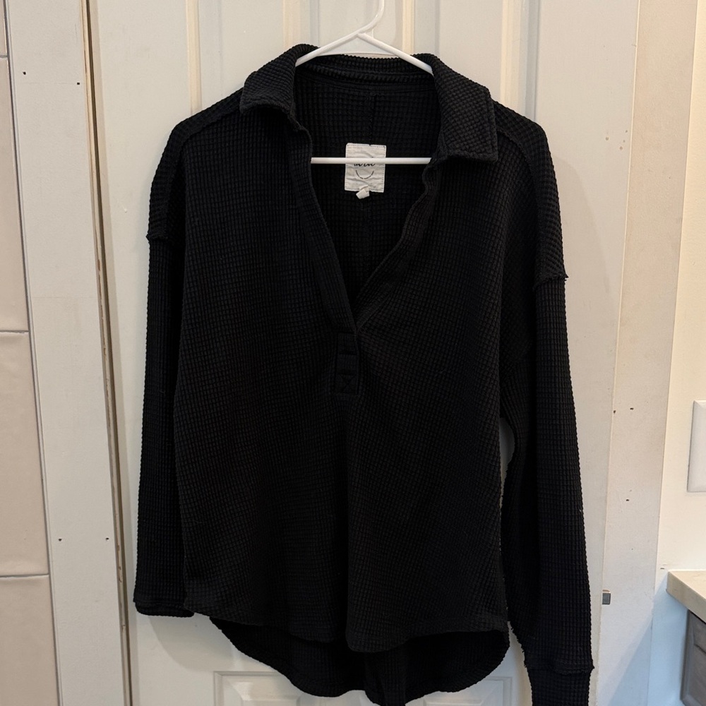 Aerie Black Lumberjane Waffle polo sweatshirt